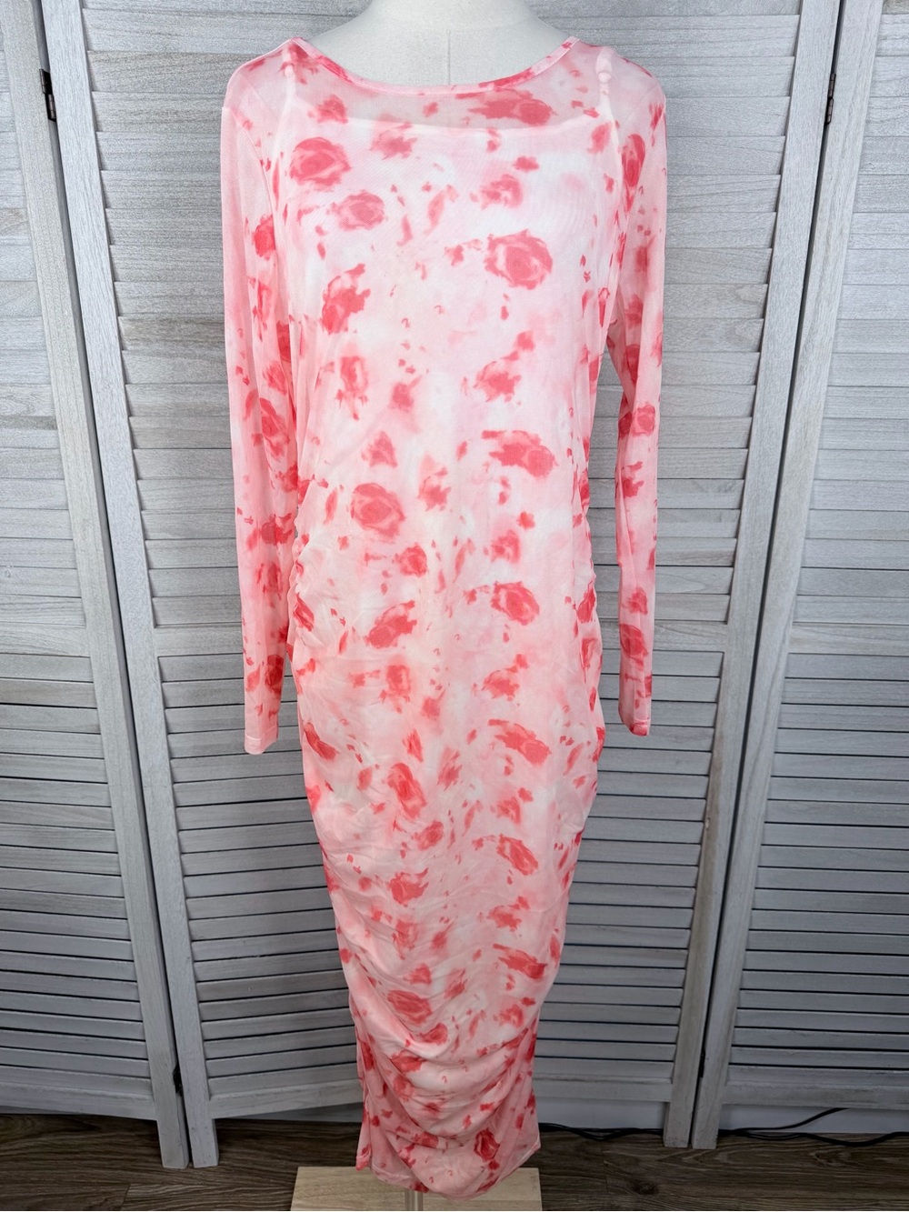 AISWI Women's Maternity Pink Floral Print Mesh Dress with Ruched Sides-Large